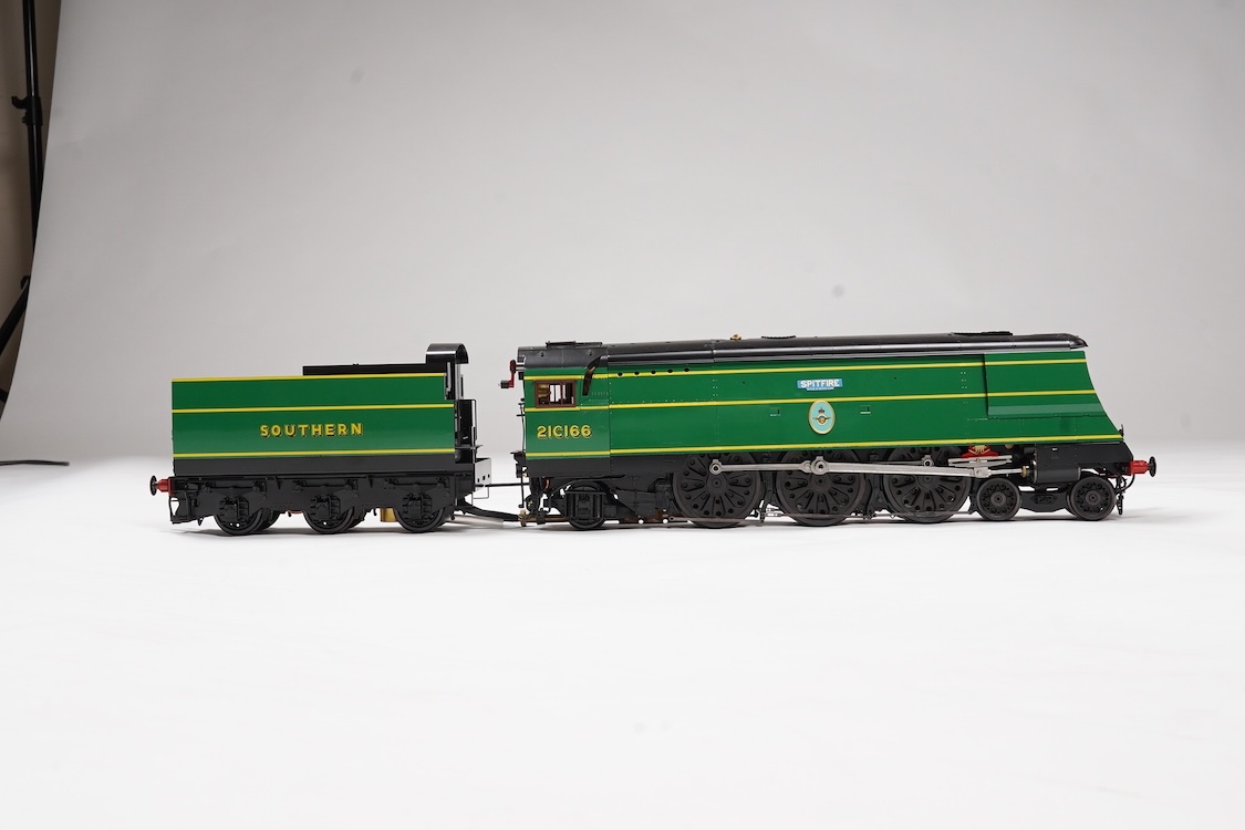 A Gauge One Aster Hobbies live steam Southern Railway Bulleid Battle of Britain Class, 4-6-2 tender locomotive, Spitfire 21C166, the factory ‘Built Up’ version, spirit fired working three cylinder motion, with assembly i